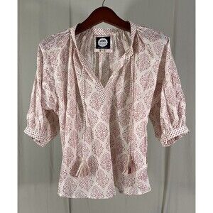 Alamwar Boho Puff Sleeve 3/4 Shirt Flowy  Women’s Size L Cream & Pink